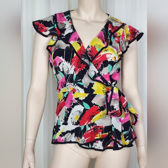 Nanette Lepore silk ruffled wrap tie floral top blouse M/10 - Picture 1 of 11